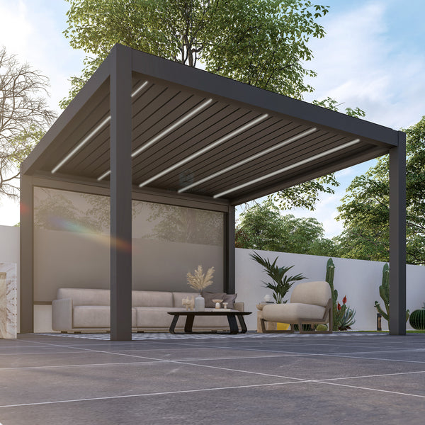 SkyMax Ultra Aluminum Pergola LED 4m x 4m mit Gartenmöbeln auf Terrasse