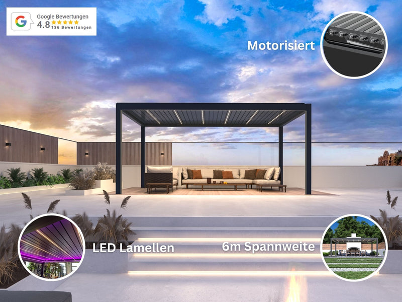 SkyMax Aluminum Pergola LED 4m x 6m mit Gartenmöbel auf Terrasse 